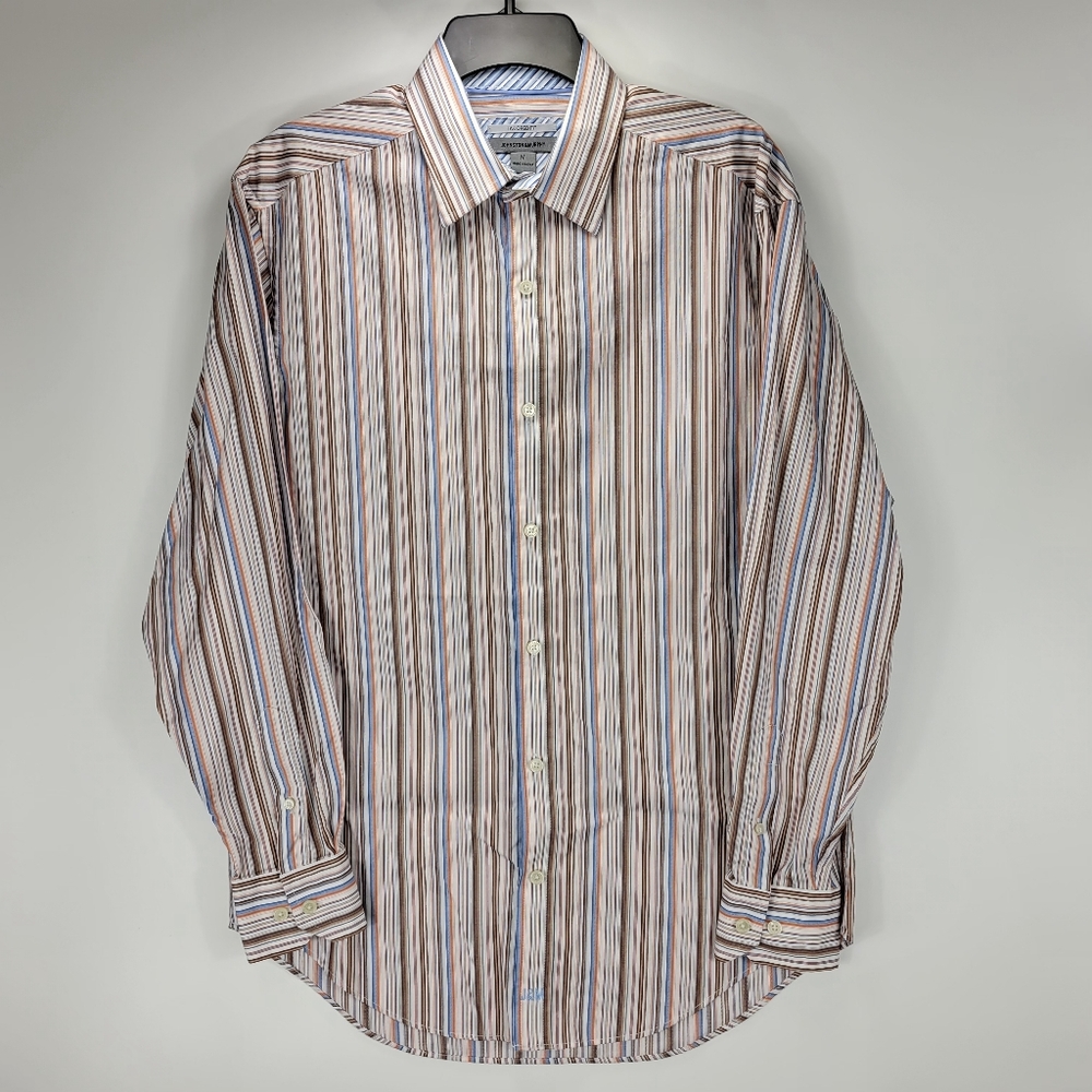 Johnston & Murphy Long Sleeve Button Striped Shirt Mens Medium M White Brown